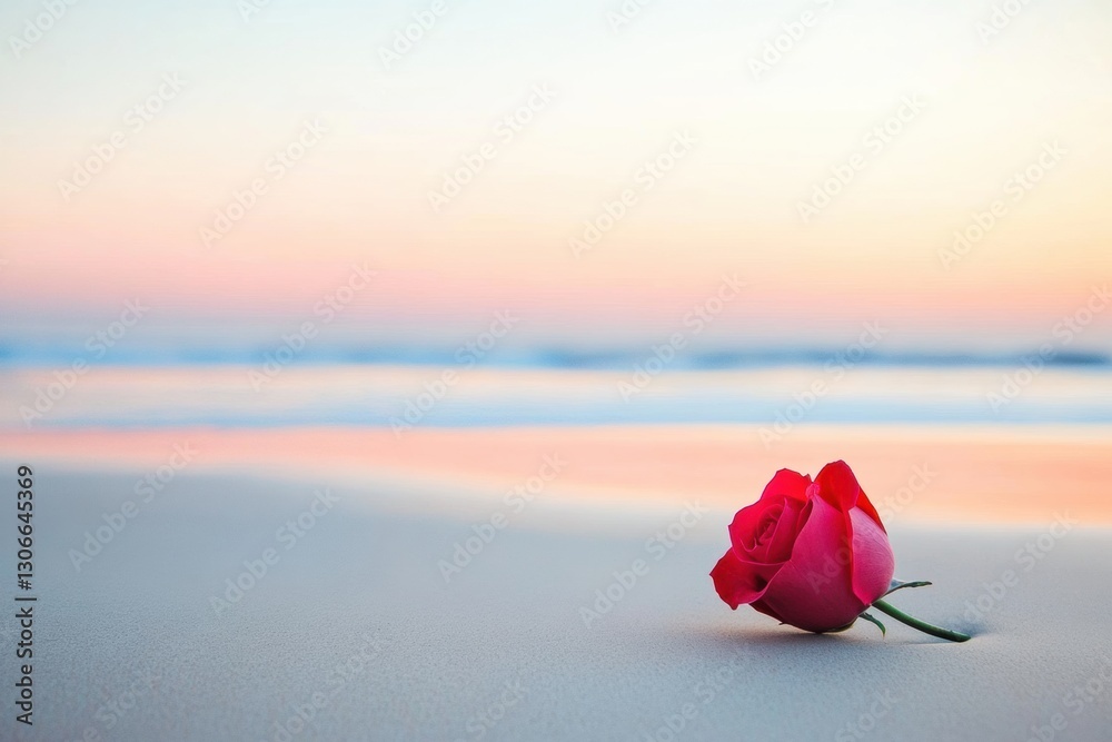 Poster Romantic sunset on an empty beach with a rose resting on soft sand near the calm ocean waves Generative AI