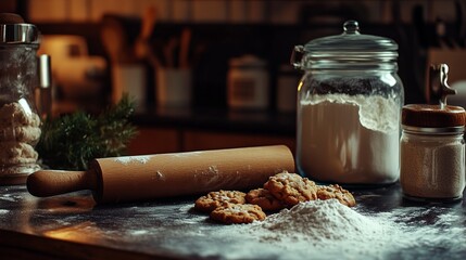 Home baking scene with rolling pin, flour, and cookies on kitchen counter, cozy and warm, ultra-detailed, 4k