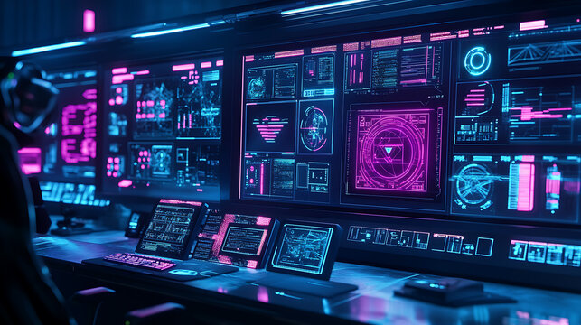 Futuristic High-Tech Control Room with Neon Cyberpunk Interface and Holographic Displays

