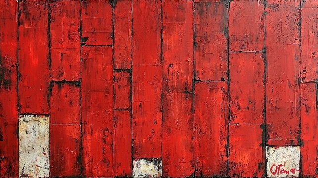 A vibrant painting of a classic red barn, adorned with crisp white paint and a bold number on its side, set against a backdrop of lush green fields and a clear blue sky.