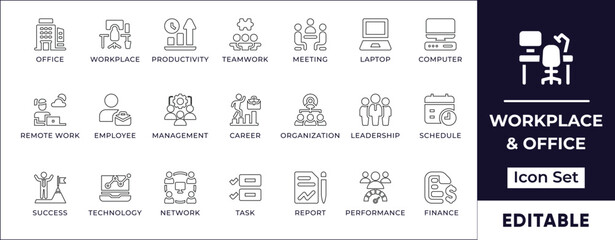 Workplace and office icon set featuring business, teamwork, productivity, communication, remote work, corporate management, and office essentials. Perfect for business corporate projects.