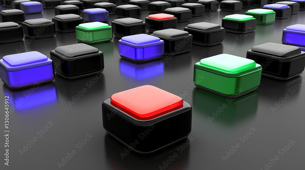 Poster interactive colorful buttons display digital interface graphics modern technology aerial view engage