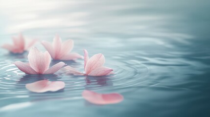 Delicate flower petals floating on peaceful water in soft pastel colors with serene ripples for calm reflections Generative AI