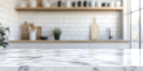 Marble Countertop in Blurred Kitchen Interior with Shelves and White Tiles