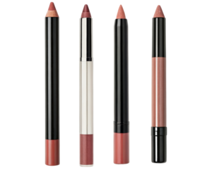 Four lip liner pencils in different shades on a transparent background