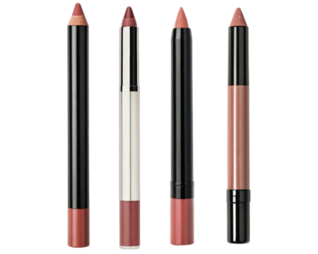 Four lip liner pencils in different shades on a transparent background