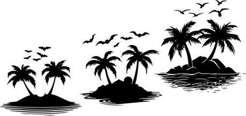 Fototapeta premium Black vector icon of palm tree on island with flying birds. White background