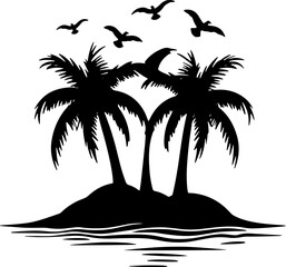 Black vector icon of palm tree on island with flying birds. White background.
