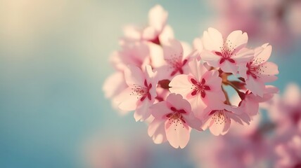 Fototapeta premium Spring blossom concept apricot cherry blossom flower on blue pastel background in bloom flowers spring time selective focus
