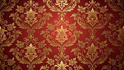 Luxurious Golden Floral Damask Pattern on Rich Red Background, Ideal for Elegant Interior Design and Decorative Projects