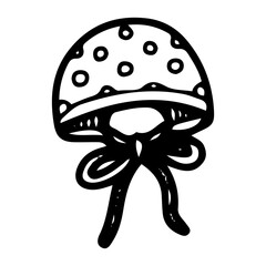 Cotton cap with ties of newborn baby. Hand drawn doodle. Headdress. Hat. Clothes of a small child. Childhood. Vector line art illustration.