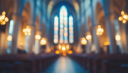 Obraz premium Blurred Church Interior Warm Lights Stained Glass Divine Peaceful Tranquil Serene Spiritual 