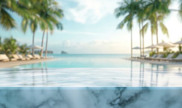 Marble Table Top with Tropical Swimming Pool Resort View Background
