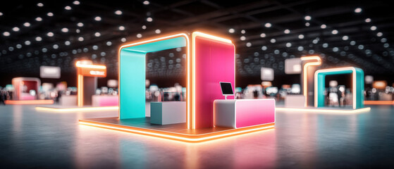 Futuristic glowing trade show booths in modern exhibition hall