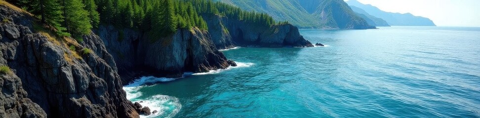 Jagged, dark basalt cliffs meet Lake Superior's turquoise water ,  spring,  formation,  shadow