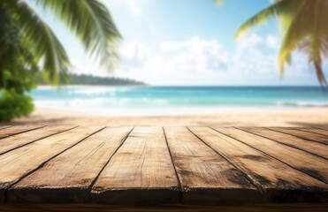 Wooden Table Top with Blurred Beach Background for Summer Product Display