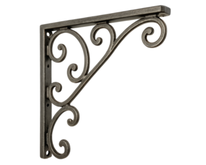 Ornate metal shelf bracket on a transparent background
