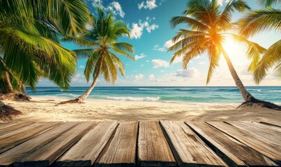 Tropical Beach with Palm Trees and Wooden Deck on Sunny Day