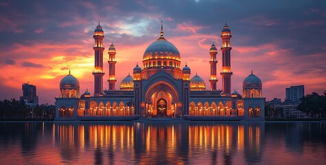 Illuminated Mosque at Sunset with Reflections