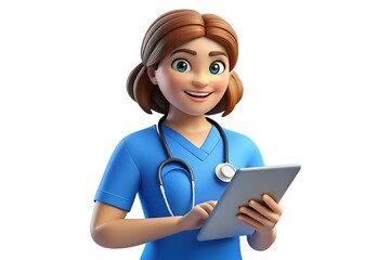 Fototapeta premium Cartoon doctor using a tablet, friendly and professional.