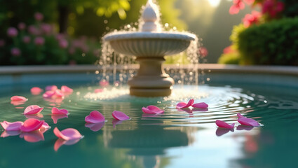 March 8 concept: Dreamy Fountain with Floating Flower Petals in Soft Light