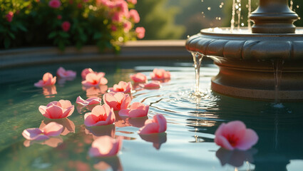 March 8 concept: Dreamy Fountain with Floating Flower Petals in Soft Light