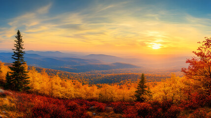 Fototapeta premium Autumn Sunset Mountain View Panorama