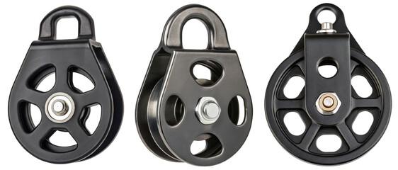 Three black heavy-duty pulleys on a transparent background