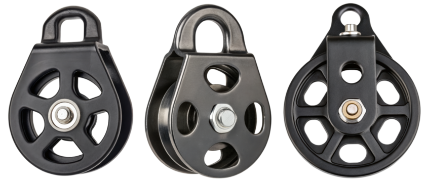 Three black heavy-duty pulleys on a transparent background