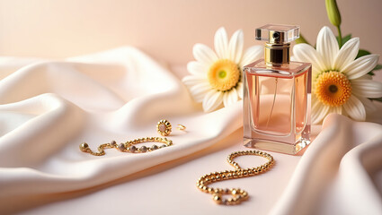 March 8 concept: Elegant Still Life with Silk Scarf, Perfume, and Jewelry