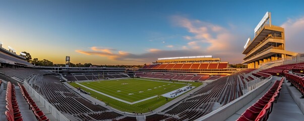 Empty football stadium bathed in the golden light of sunset