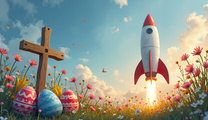 Creative Easter Artwork Featuring a Rocket Launch, Cross, and Colorful Eggs – Perfect for Holiday Promotions and Branding