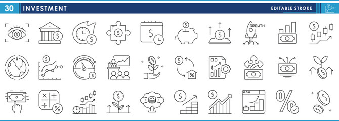 A set of line icons related to Investment. Invest, stock, business, growth, time, funding, graph, money, resource, and so on. Vector editable stroke.