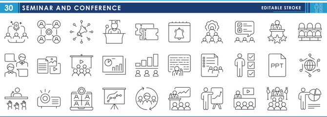 A set of line icons related to Seminar and Conference. Presentation, present, business, talk, seminar, graduation speech, announcement, release, and so on. Vector editable stroke.