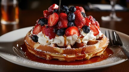 A delicious waffle topped with berries and syrup on a plate