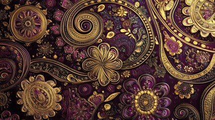 Indian paisley carpet pattern in maroon and gold, intricate floral swirls and medallions, exotic and ornate, ultra-detailed, 8k