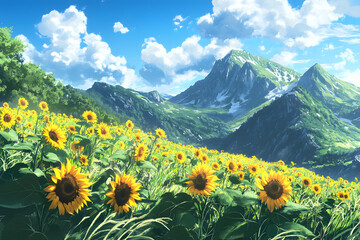 Sunny sunflower field mountain landscape