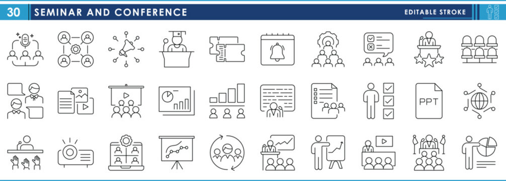 A set of line icons related to Seminar and Conference. Presentation, present, business, talk, seminar, graduation speech, announcement, release, and so on. Vector editable stroke.