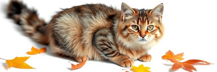 Tabby cat with distinct stripes and patterns sits among autumn leaves on a white background, pet, feline