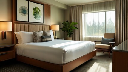 A modern hotel room features a comfortable bed and artwork