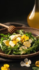 Rustic Vintage Aesthetic: Arugula with Warm Goat Cheese, Honey, and Edible Flowers