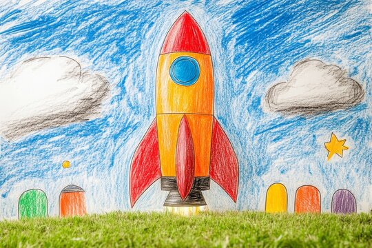 Colorful sketch of a space rocket, spaceship near a planet, AI Generated