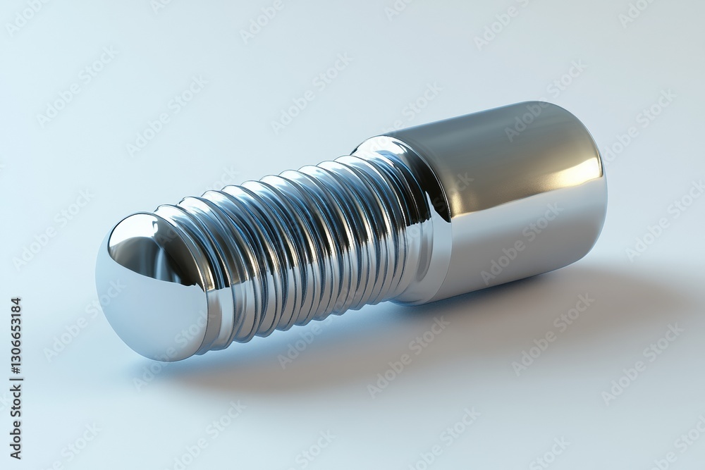 Poster high quality detailed rendering of a dental implant showcasing metallic textures on a soft white bac