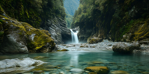 Naklejka premium Tranquil Waterfall Cascading Into Crystal-Clear Mountain River