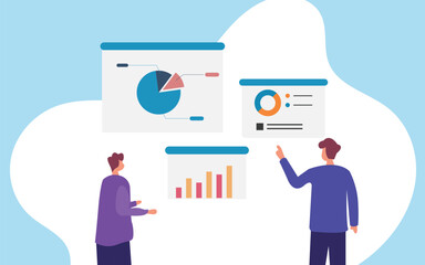 Visual representation of a businessman analyzing data through business diagrams and engaging in discussions. Ideal for presentations, reports, and illustrating business concepts.