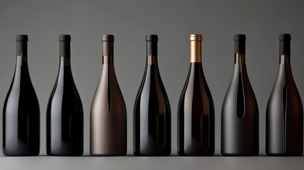 Elegant row of wine bottles, soft light enhancing textures, a refined display of sophistication and craftsmanship.