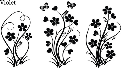 Elegant Floral Silhouette Illustration – Black and White Wildflower and Leaf Designs for Decorative Botanical Art and Nature-Inspired Patterns
