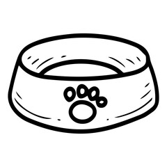 Empty bowl for pet food. Hand drawn doodle. Animal care. Feeding hungry cat dog. Plastic, metal, ceramic tableware. Vector line art illustration.