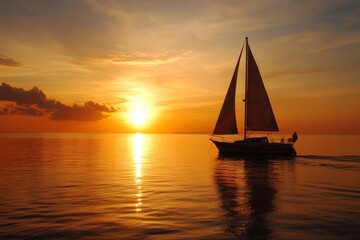 A sailboat set against a vibrant sunset backdrop, capturing the essence of tranquility and adventure as dusk softly hovers over the serene waters.