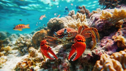 A vibrant underwater scene shows a large red crab